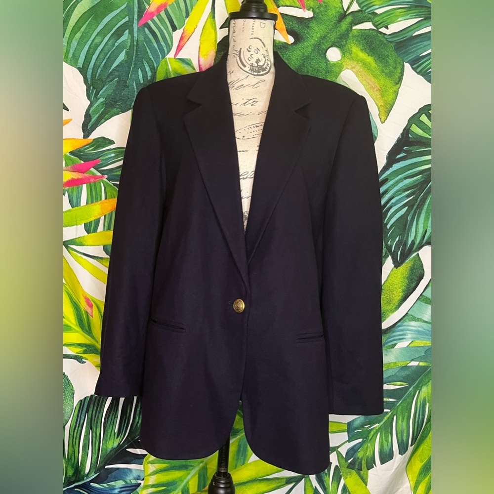Vtg Potomac Collection L Pure Wool Navy Blue Gold Button Fall Winter Suit Jacket